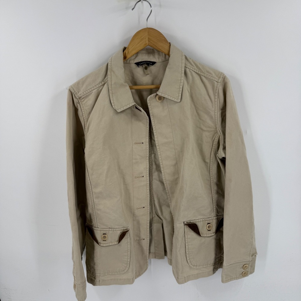Lands End Barn Jacket Tan Large Corduroy Trim Cotton Field Coat Utility